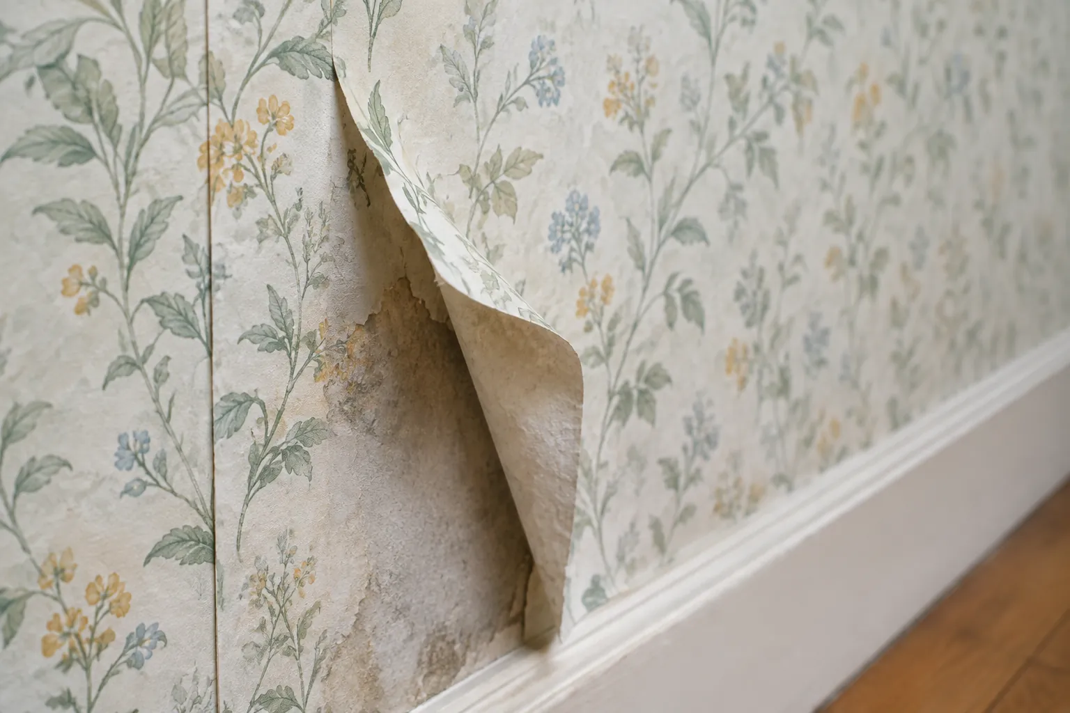 Wallpaper terkelupas di dekat trim bawah dinding