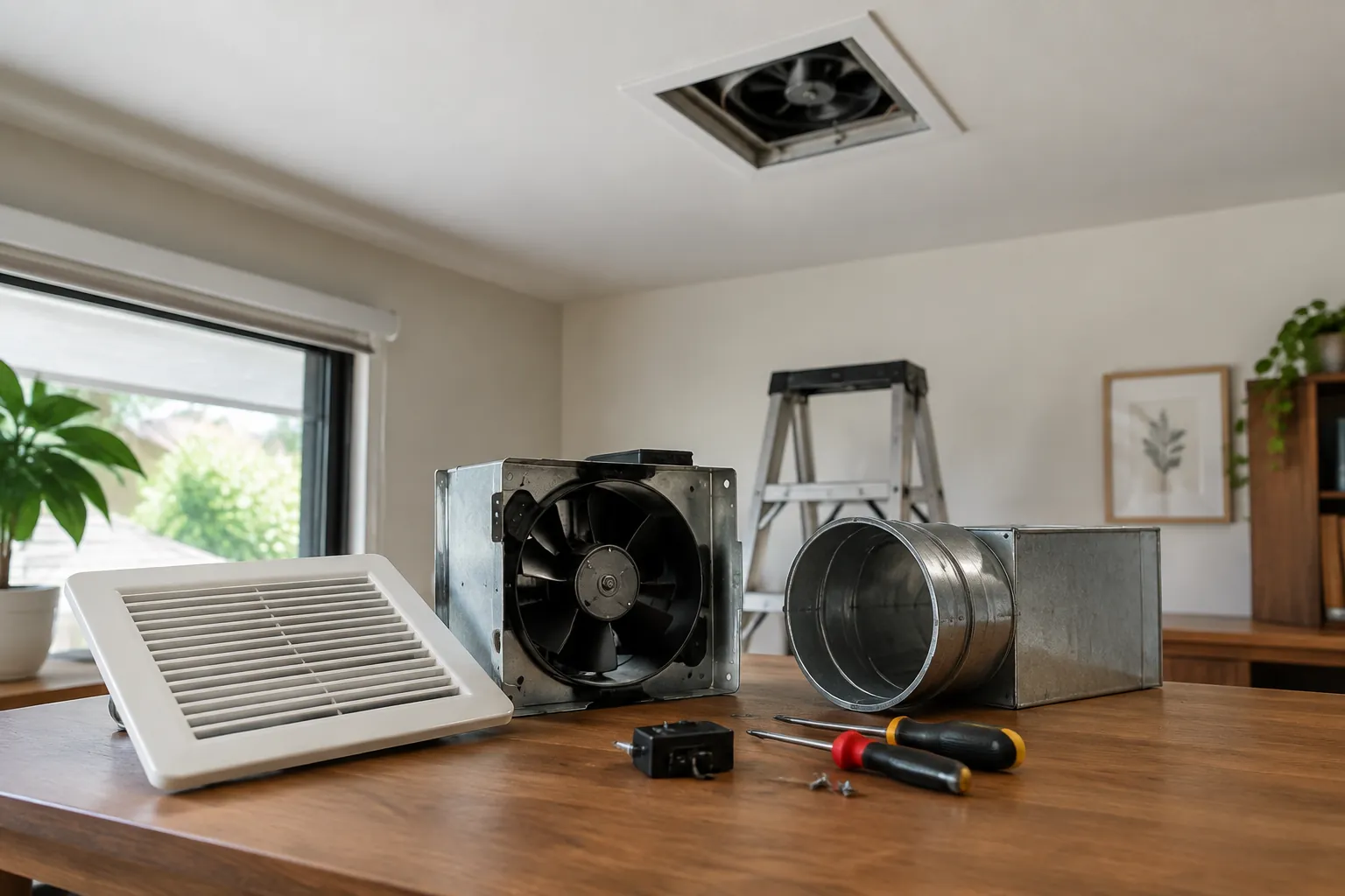 Kipas ventilasi dan saluran dilepas untuk pemeriksaan di dekat bukaan plafon