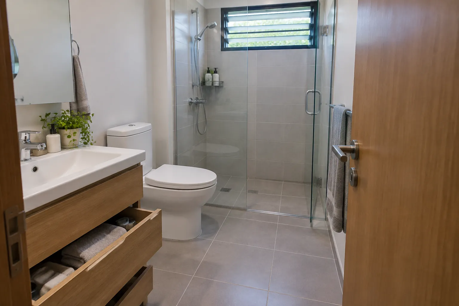 Kamar mandi dengan pintu, wastafel, kabinet, dan pintu shower