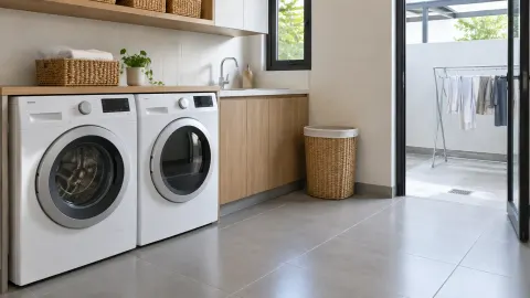 Ruang laundry dengan mesin cuci dan lantai keramik