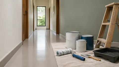 Lorong dengan kaleng cat dan alat pengecatan