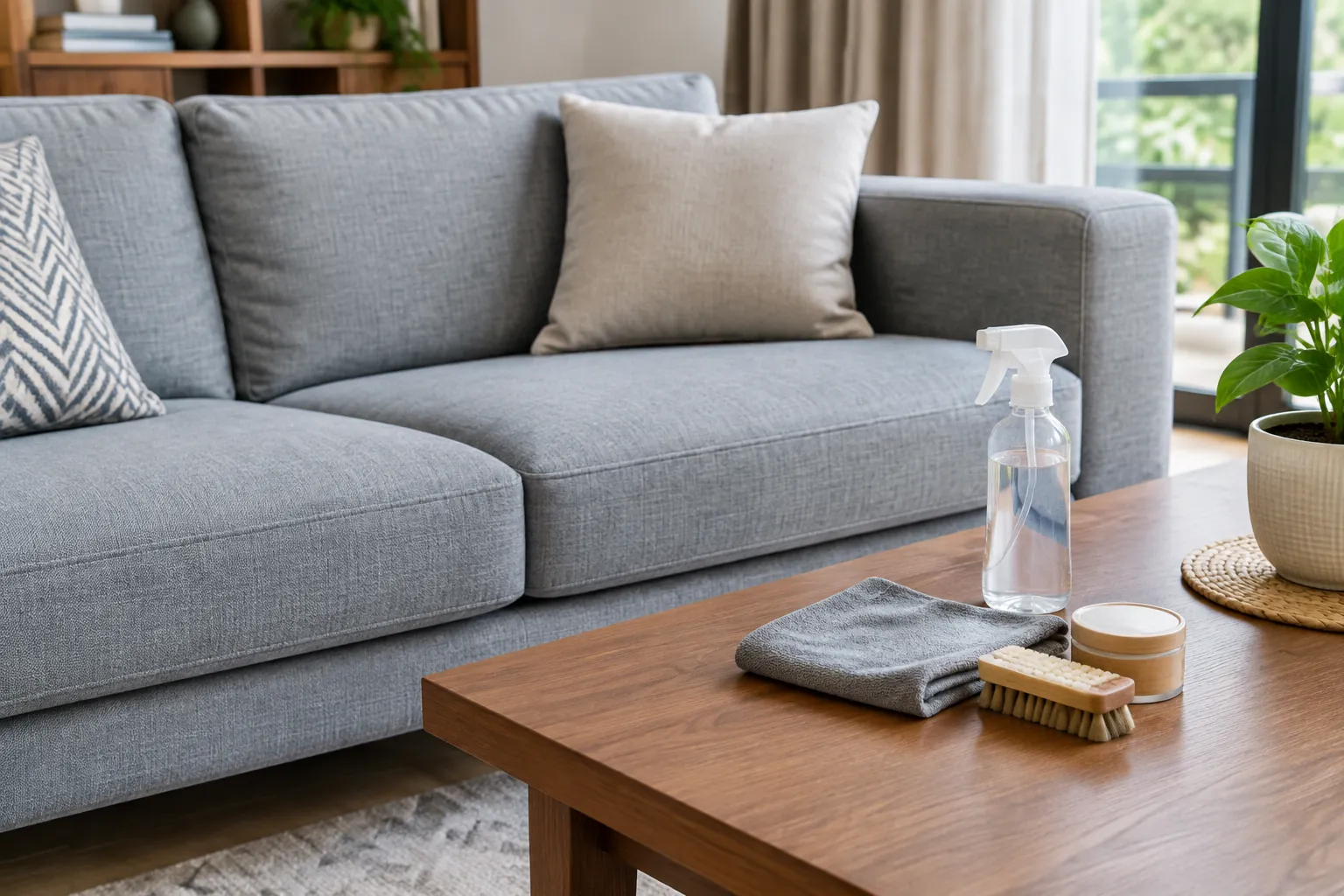 Sofa kain dengan alat pembersih di dekatnya