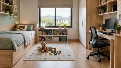Kamar anak dengan tempat tidur, mainan, rak, dan meja belajar