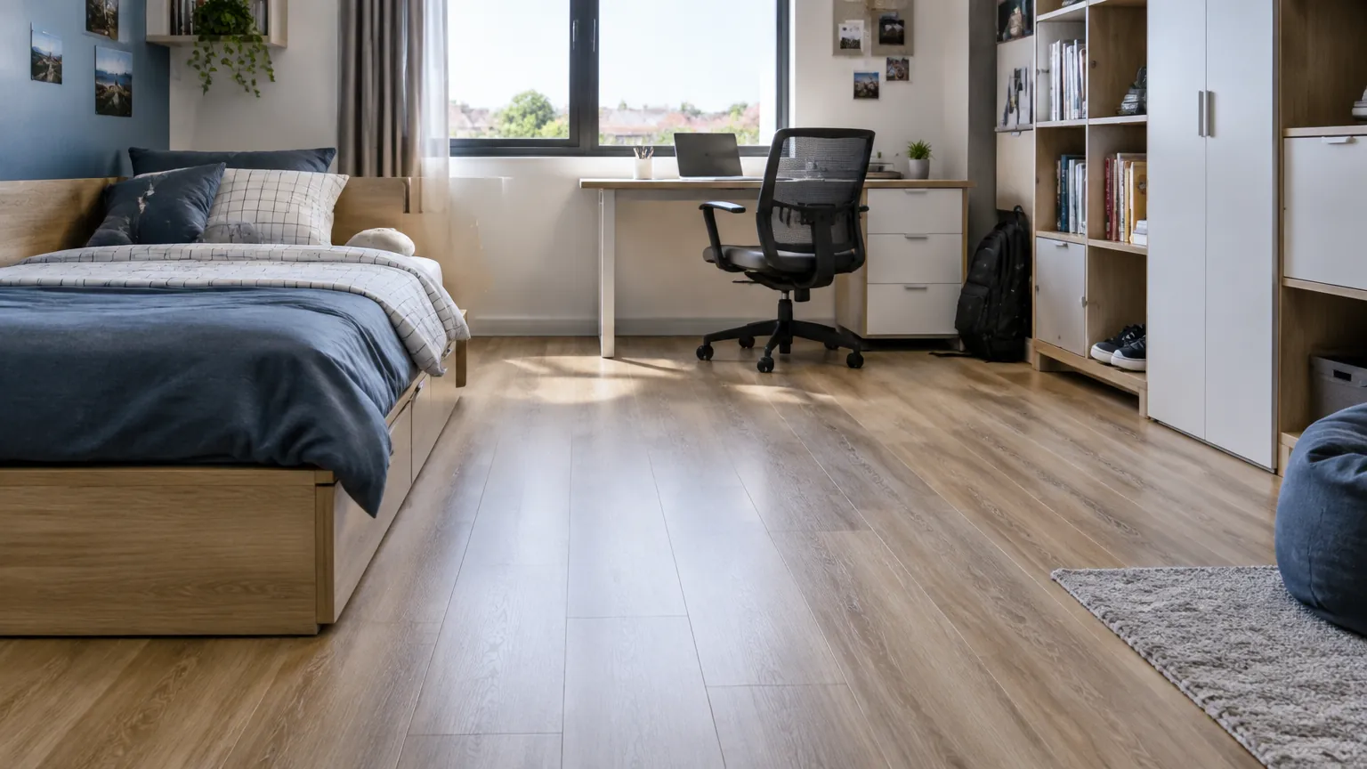 Kamar remaja dengan lantai motif kayu dan meja belajar