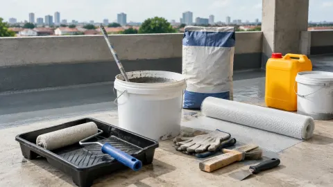 Ember dan peralatan waterproofing di teras