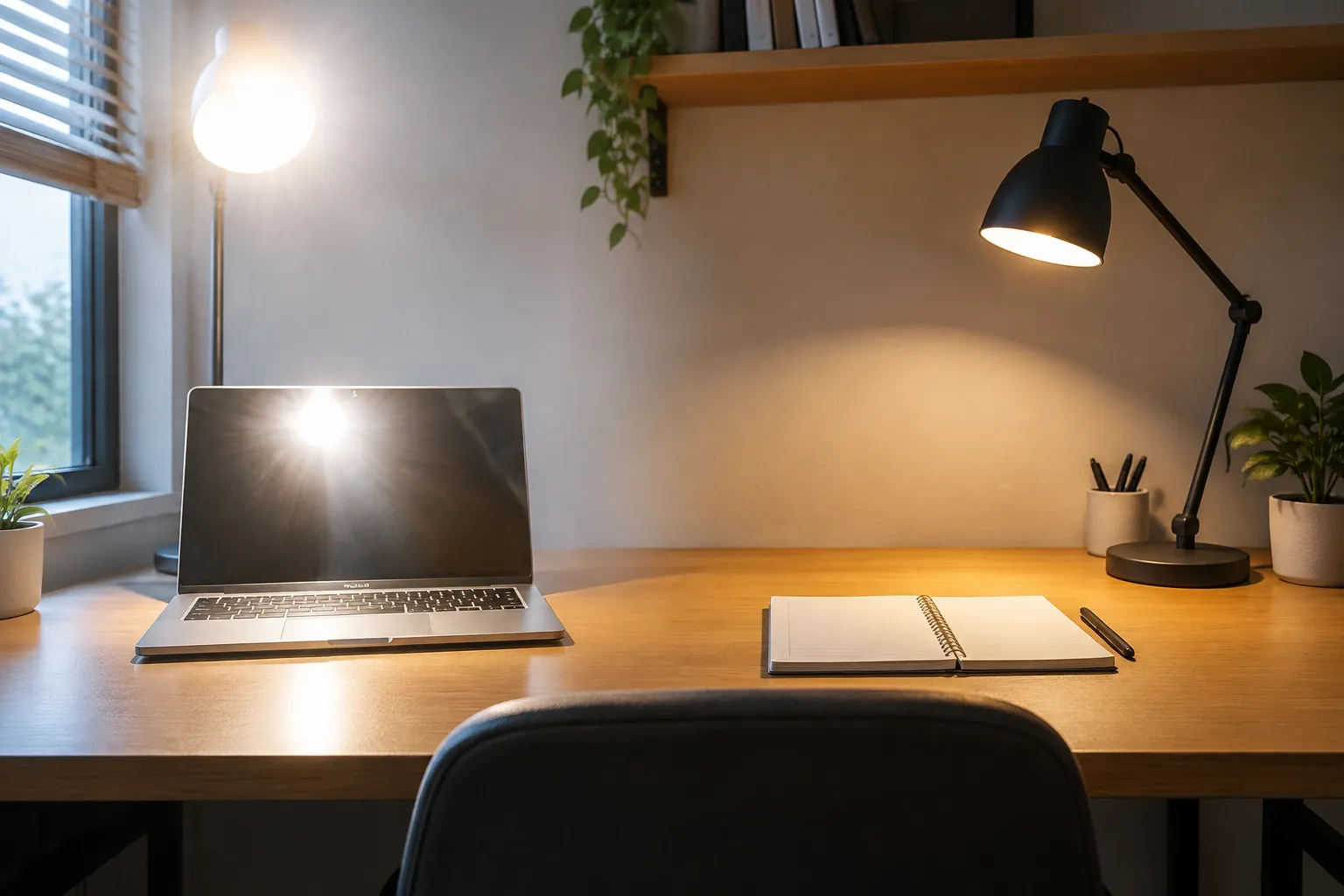 Lampu meja dan cahaya jendela mengenai layar laptop