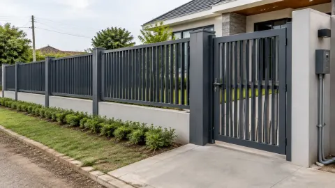 Pagar logam dengan gerbang di depan rumah
