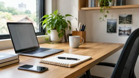 Meja kerja dengan laptop dan buku catatan