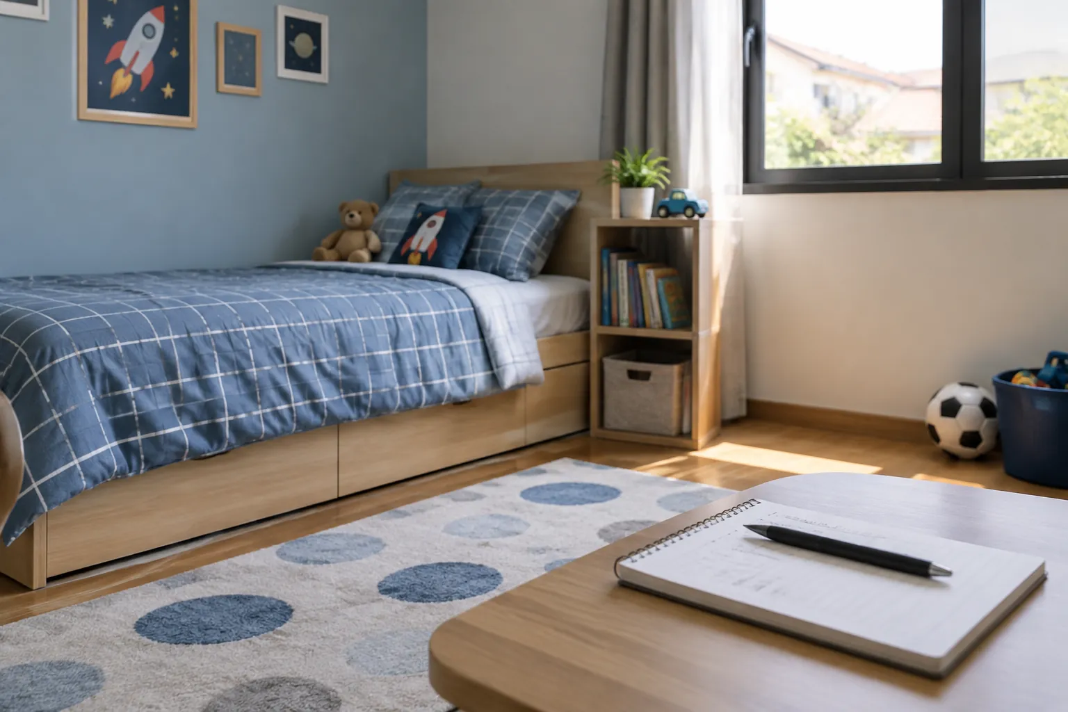 Kamar anak dengan tempat tidur, karpet, dan panel dinding
