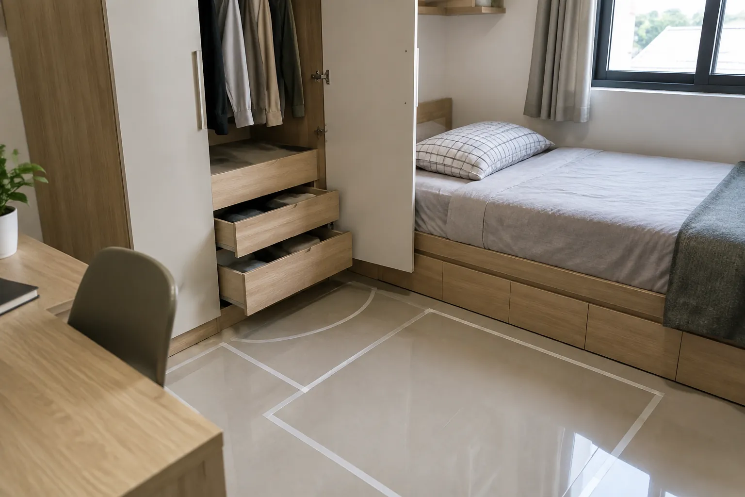 Kamar kecil dengan laci terbuka dekat tempat tidur