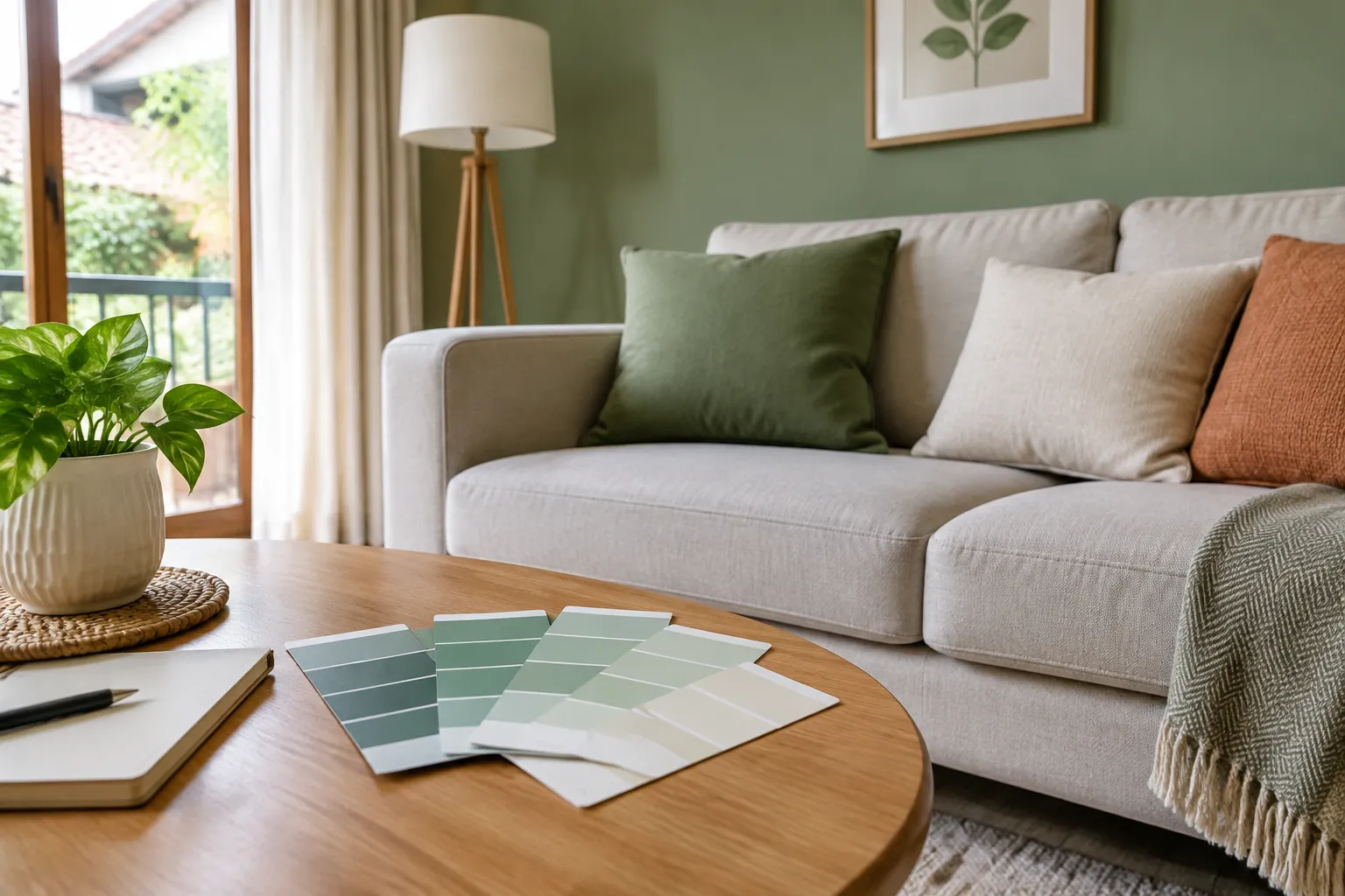 Sampel warna hijau di dekat sofa dan jendela