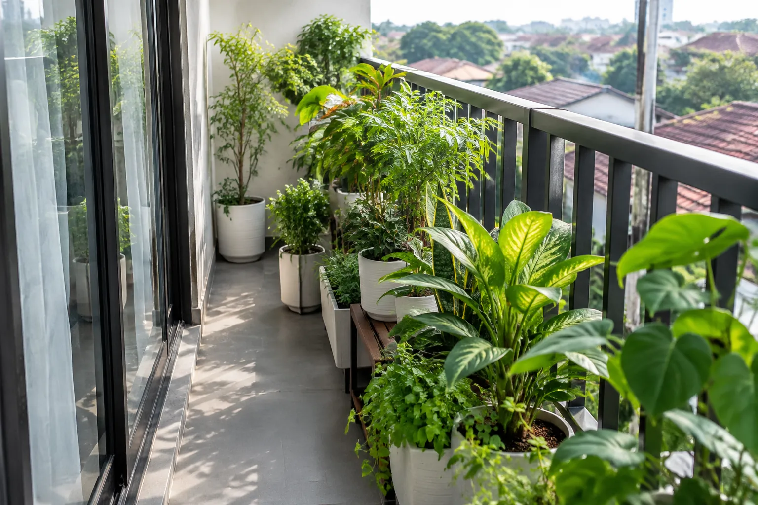 Pot tanaman rapat di sepanjang balkon sempit