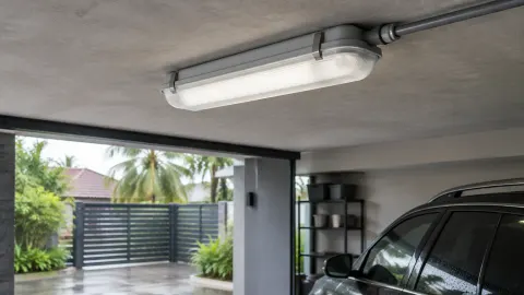 Lampu panjang pada plafon garasi dekat mobil