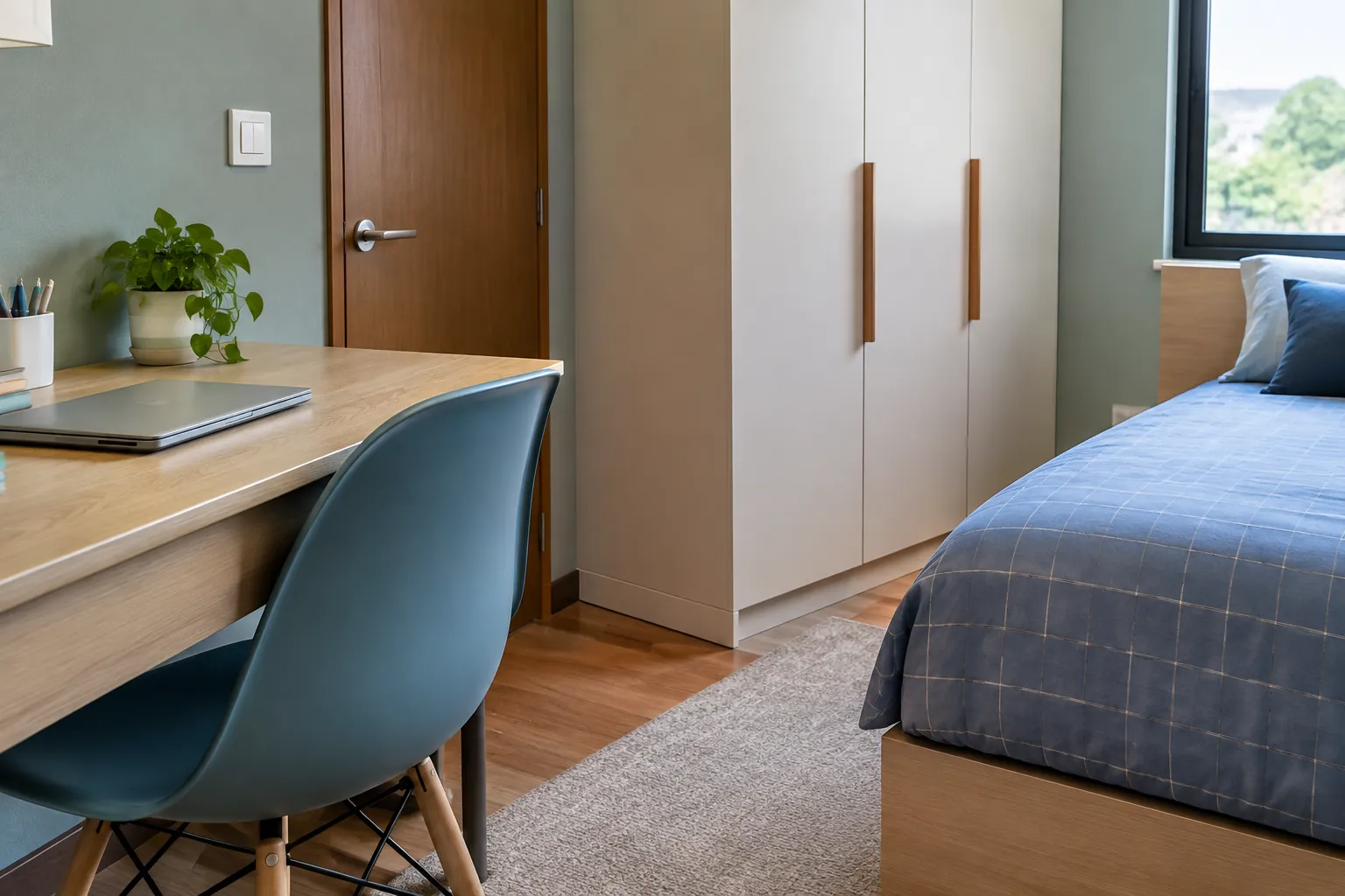 Kamar remaja dengan dinding biru, lemari putih, dan meja belajar