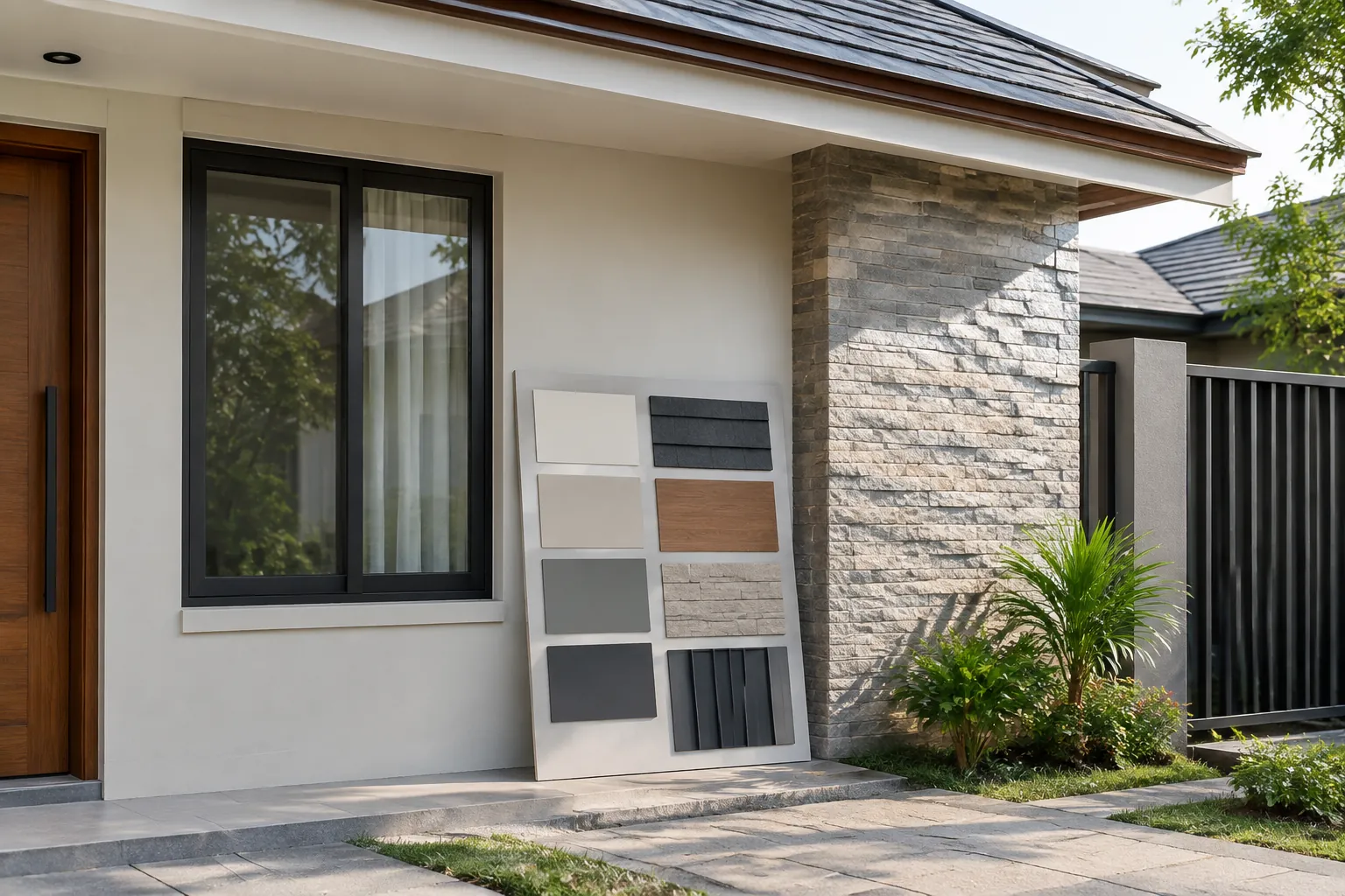 Papan contoh warna dan material bersandar pada fasad rumah