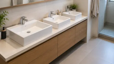 Beberapa wastafel di atas kabinet kamar mandi