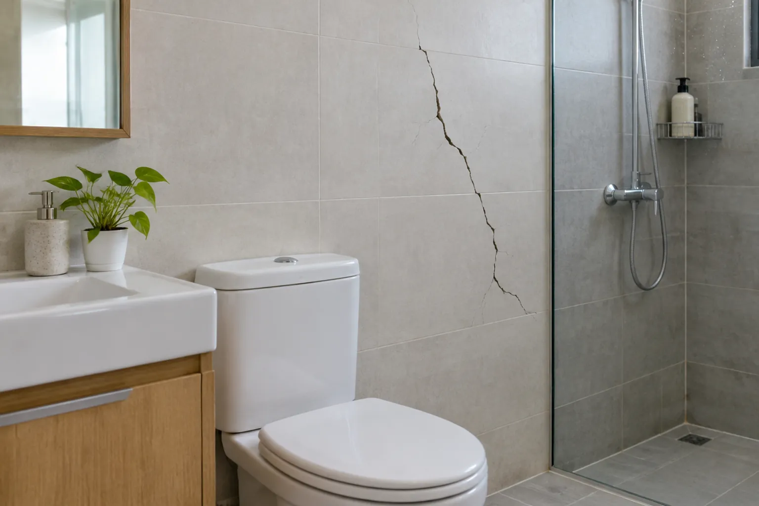 Retakan dinding kamar mandi di dekat area shower