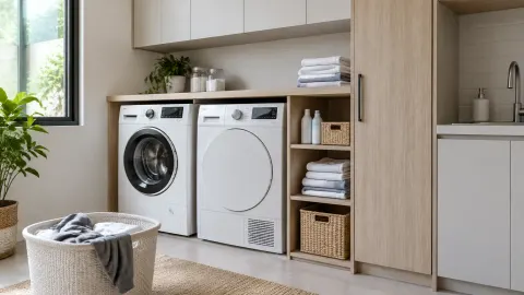 Ruang cuci dengan mesin, rak, dan tempat simpan