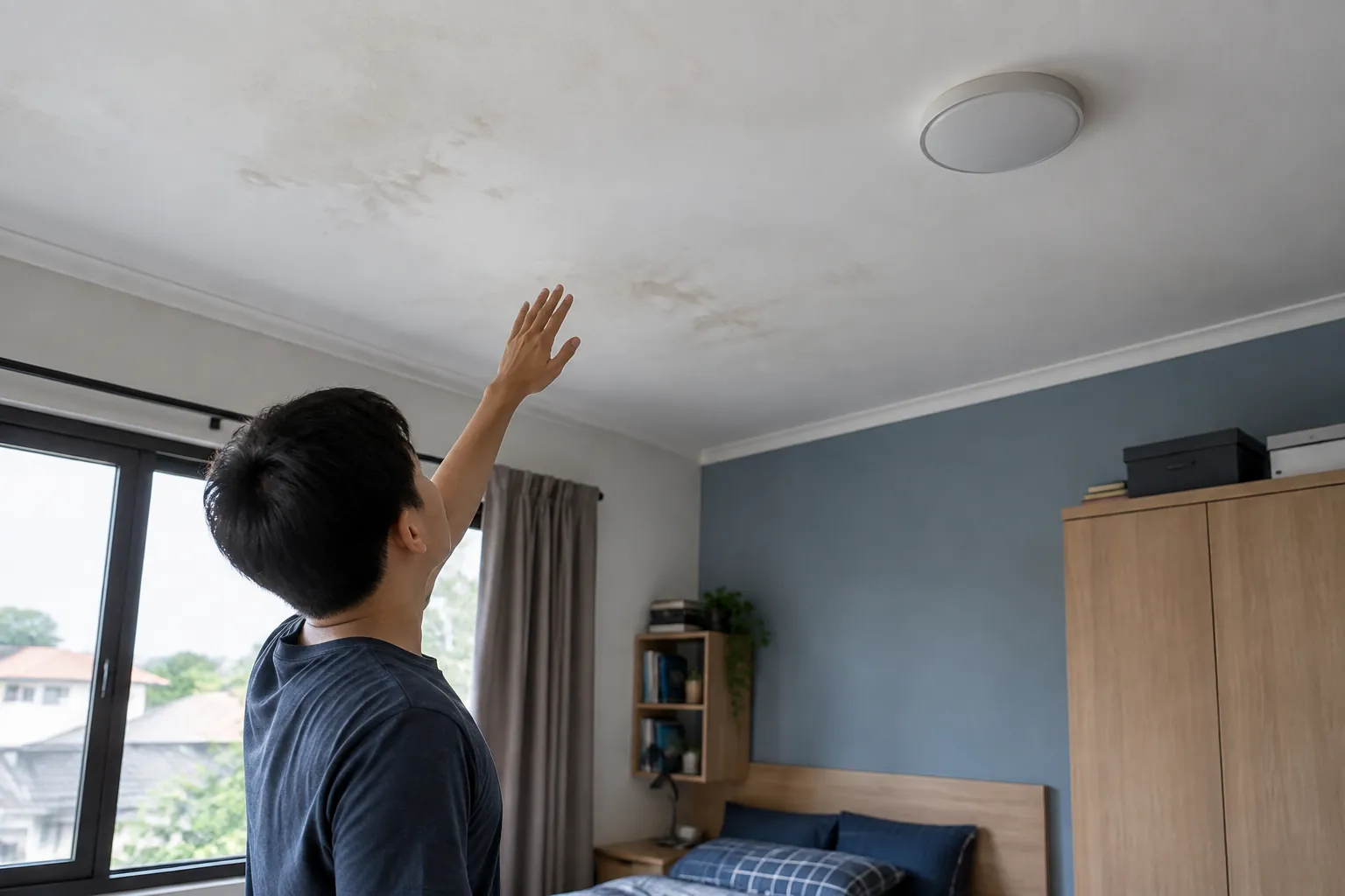 Seseorang memeriksa noda pada plafon kamar remaja