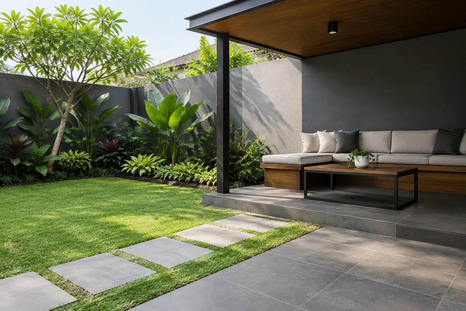 Teras dengan sofa menghadap halaman berumput