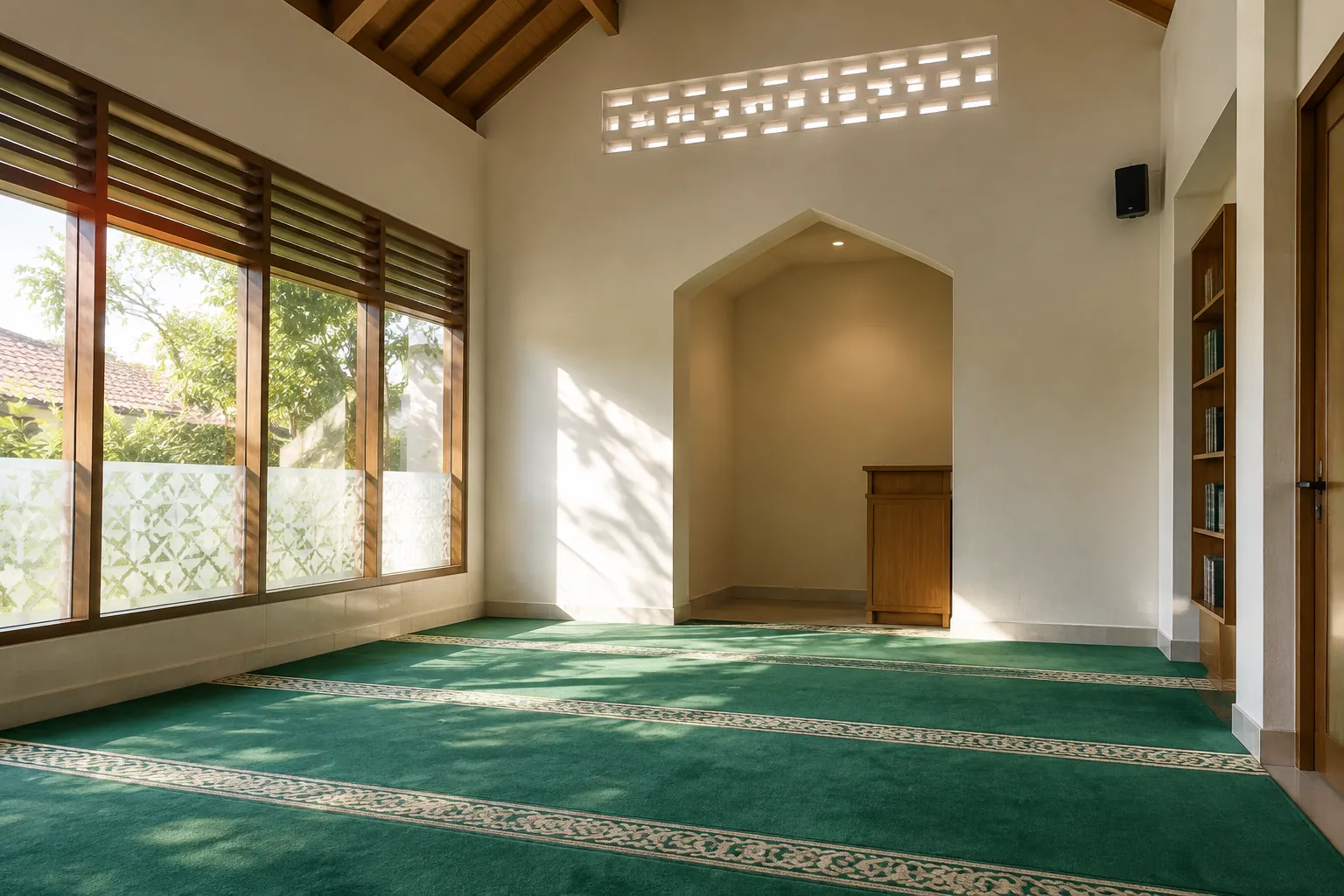 Cahaya siang masuk melalui jendela besar ke ruang salat