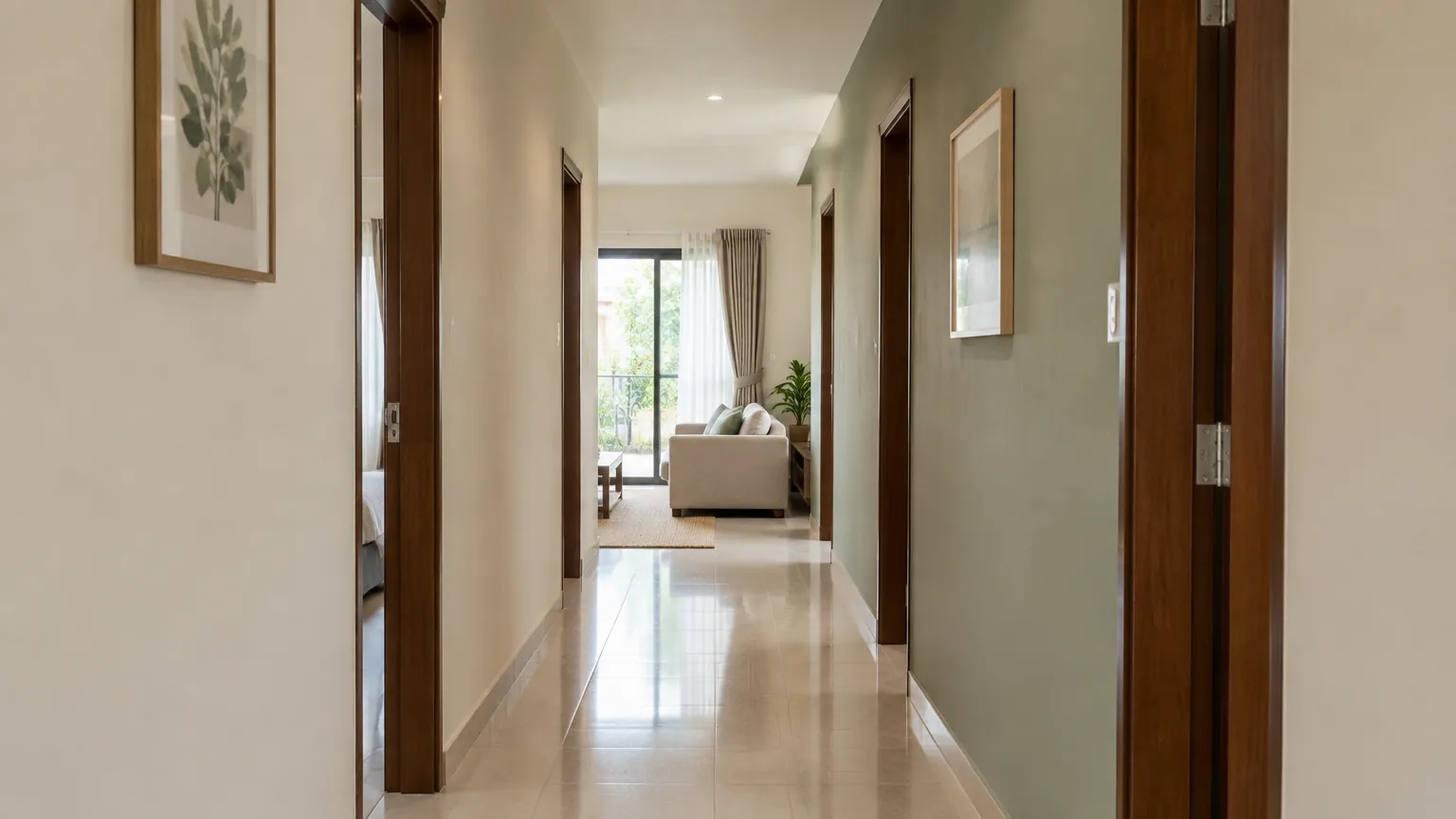 Lorong rumah terang dengan dinding warna krem muda