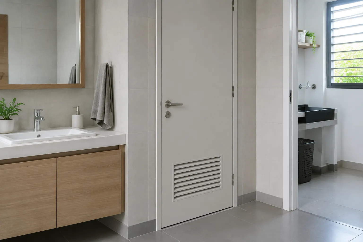 Pintu putih dengan kisi ventilasi pada bagian bawah di dekat kamar mandi