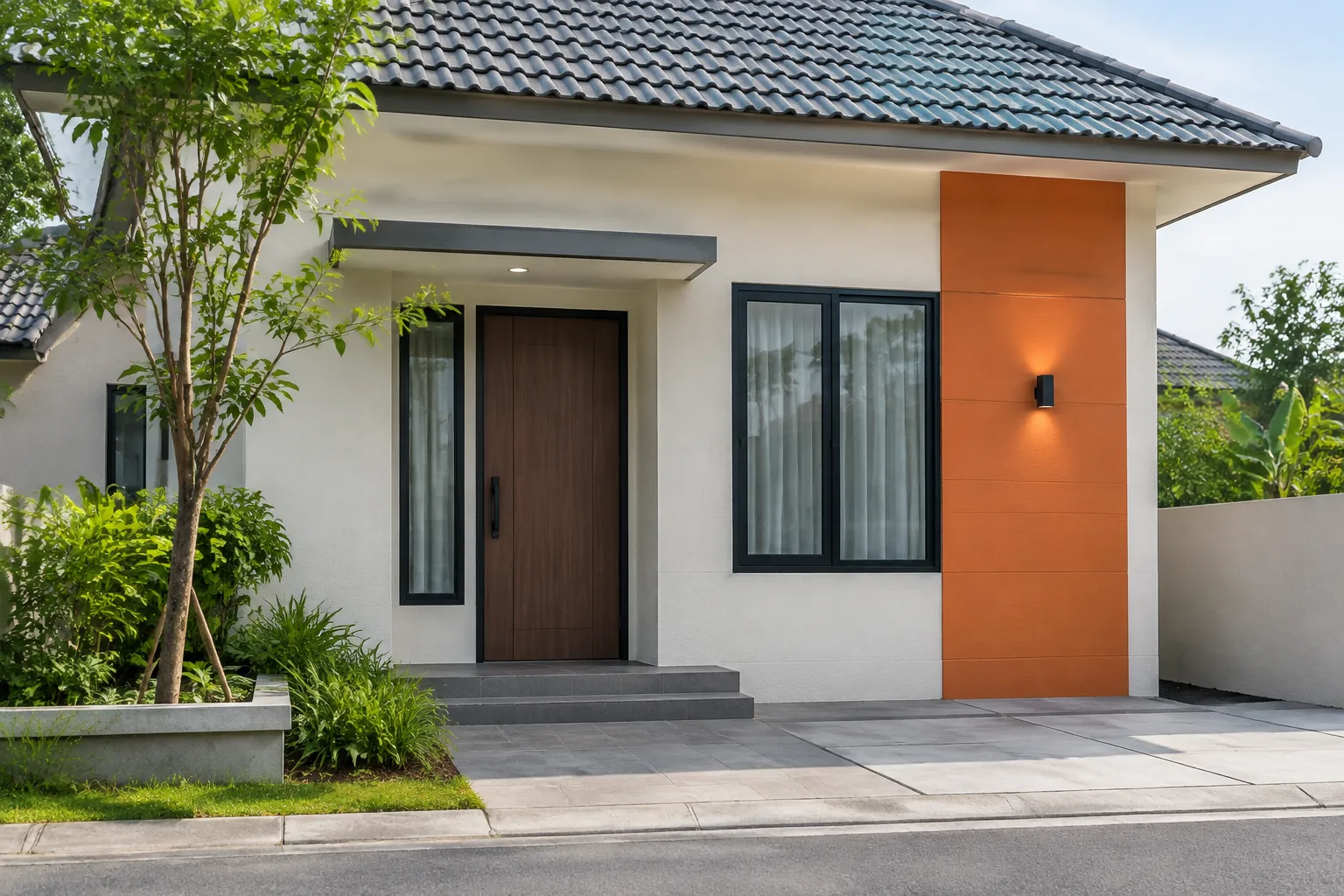 Panel warna jingga menonjol pada sisi depan rumah