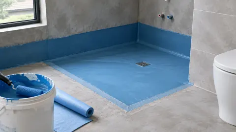 Lapisan biru sedang dipasang pada lantai kamar mandi