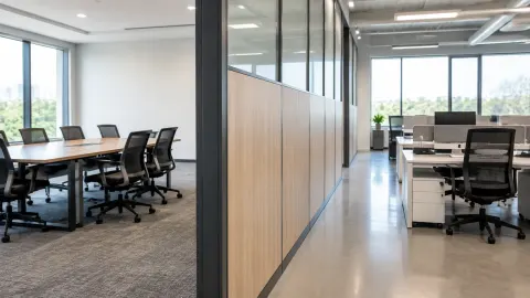 Partisi kaca dan kayu membagi ruang kantor