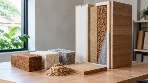 Contoh bahan serat dan panel insulasi di depan dinding