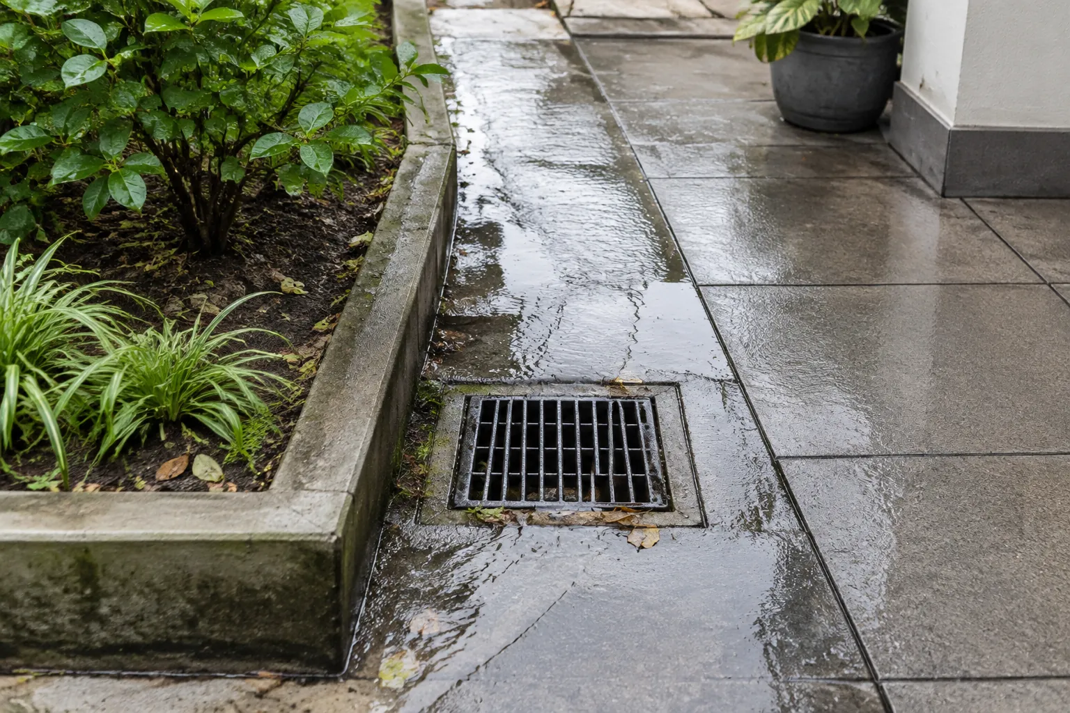 Kisi drainase halaman dengan paving basah dan tanaman di sekitarnya