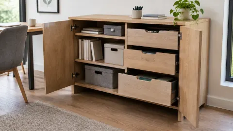 Furnitur kayu dengan rak dan laci penyimpanan
