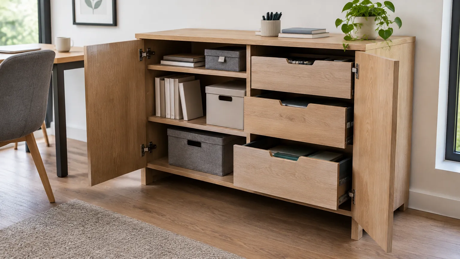 Furnitur kayu dengan rak dan laci penyimpanan