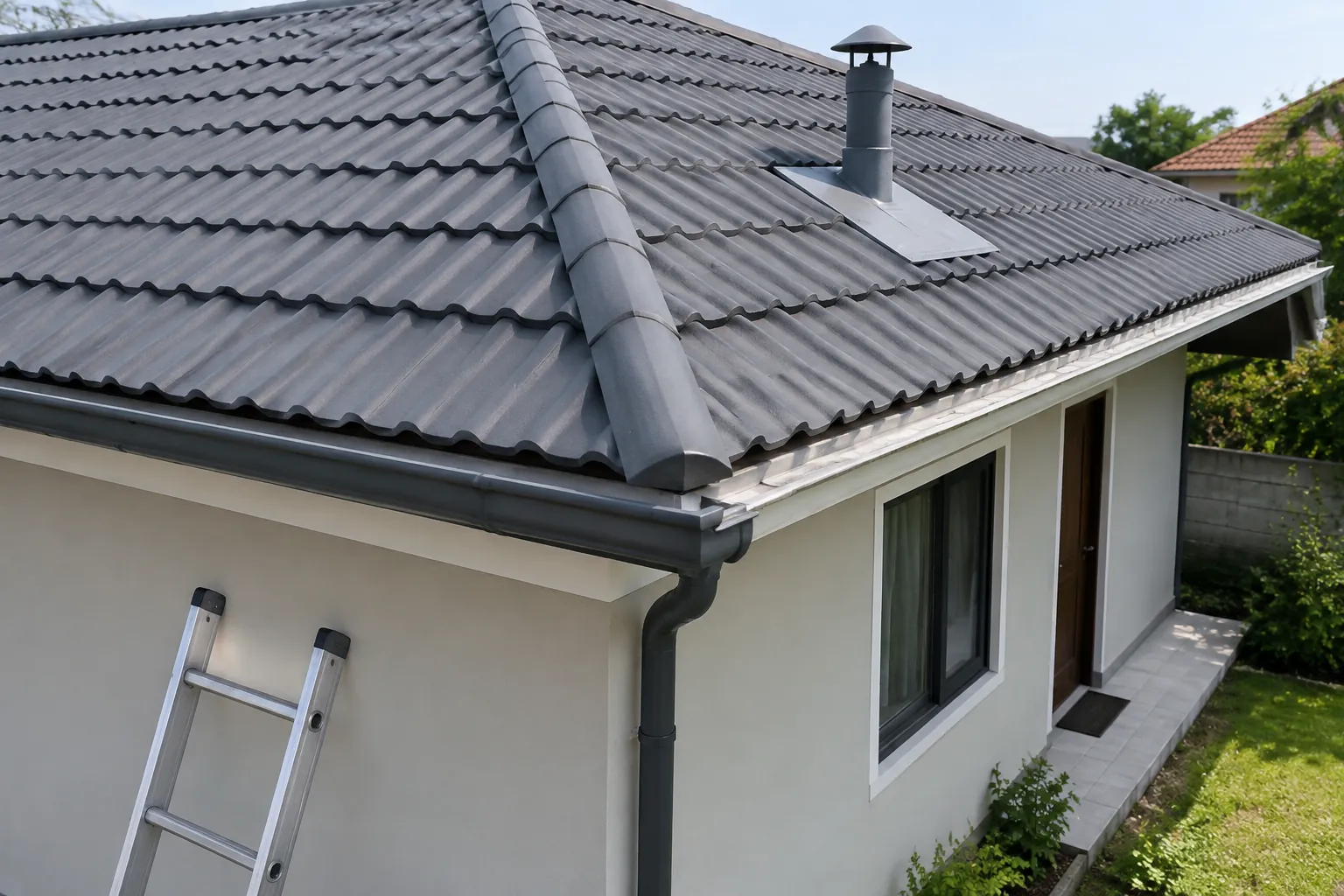 Atap genteng gelap dengan pipa ventilasi dan talang