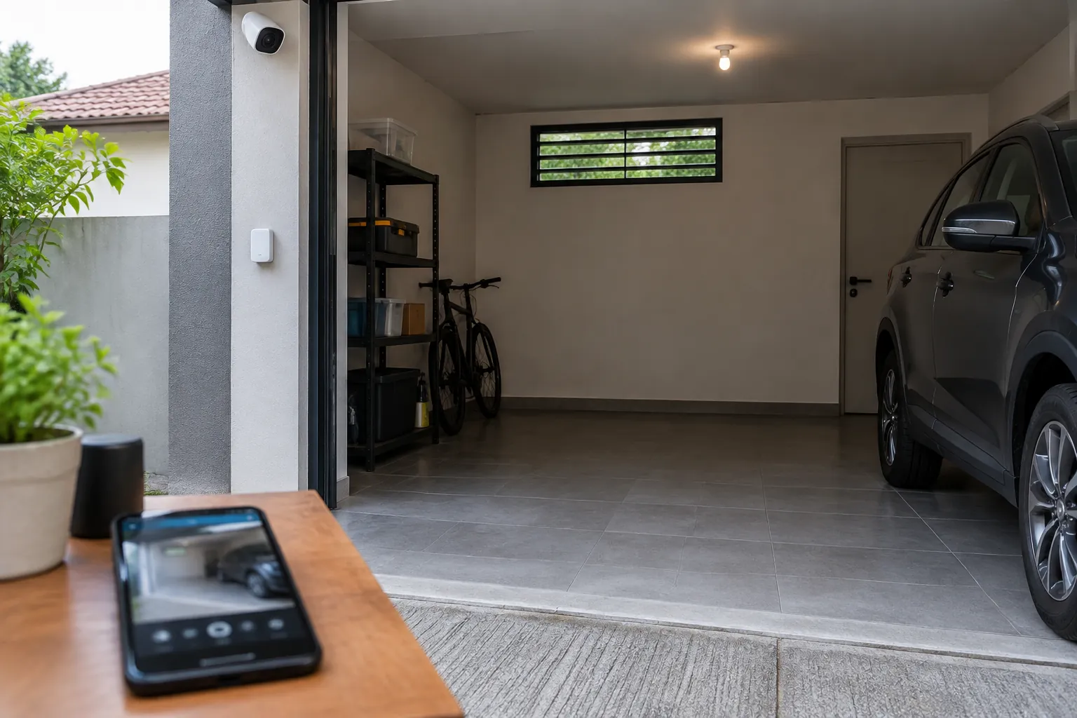 Kamera dan telepon di dekat pintu garasi