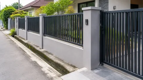 Pagar logam dan gerbang dekat tepi jalan