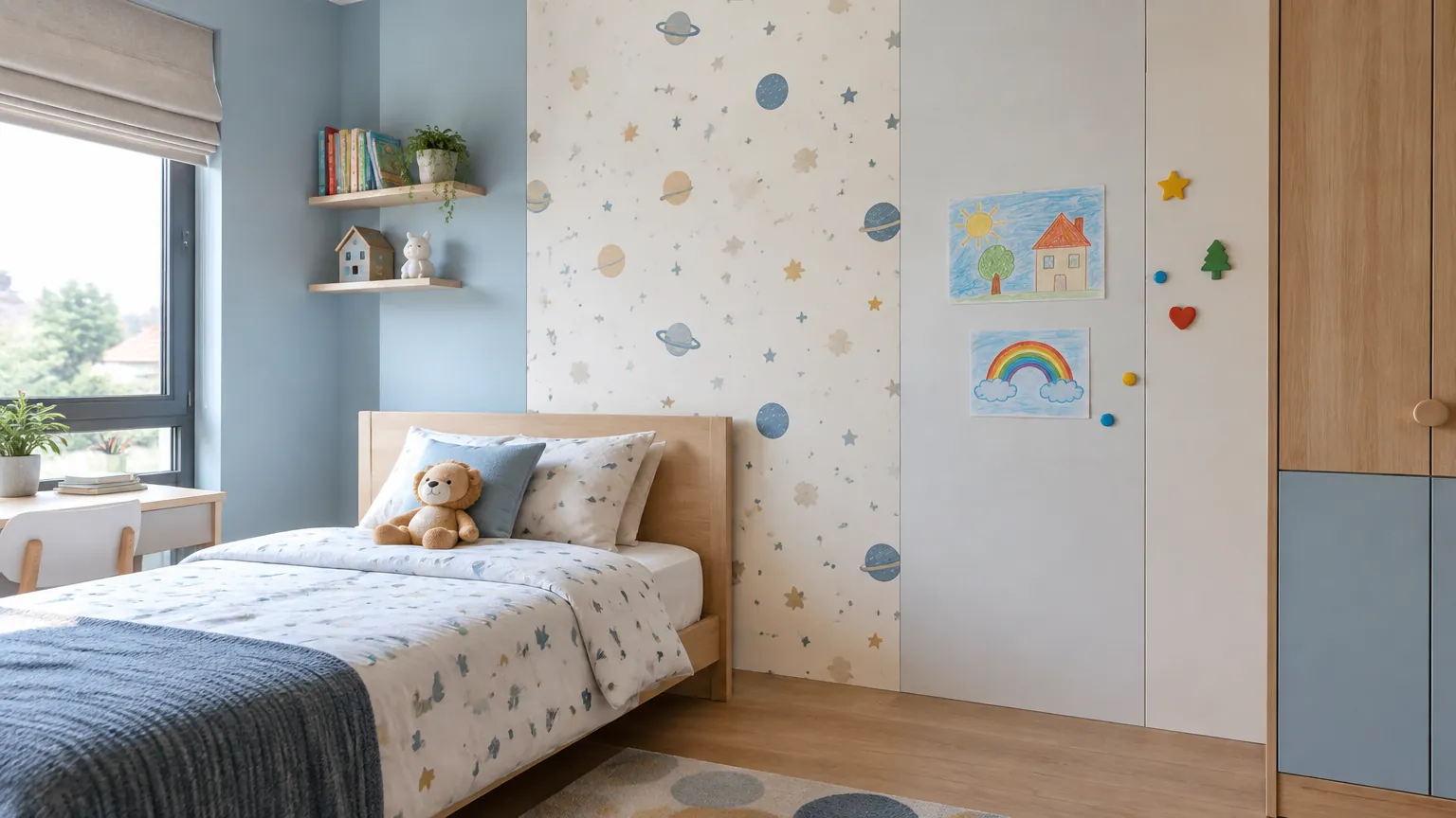 Dinding kamar anak dengan motif dan gambar berwarna