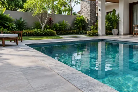 Kolam renang di samping teras rumah