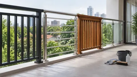 Balkon dengan beberapa bentuk pagar logam dan panel
