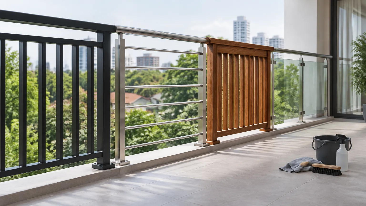 Balkon dengan beberapa bentuk pagar logam dan panel