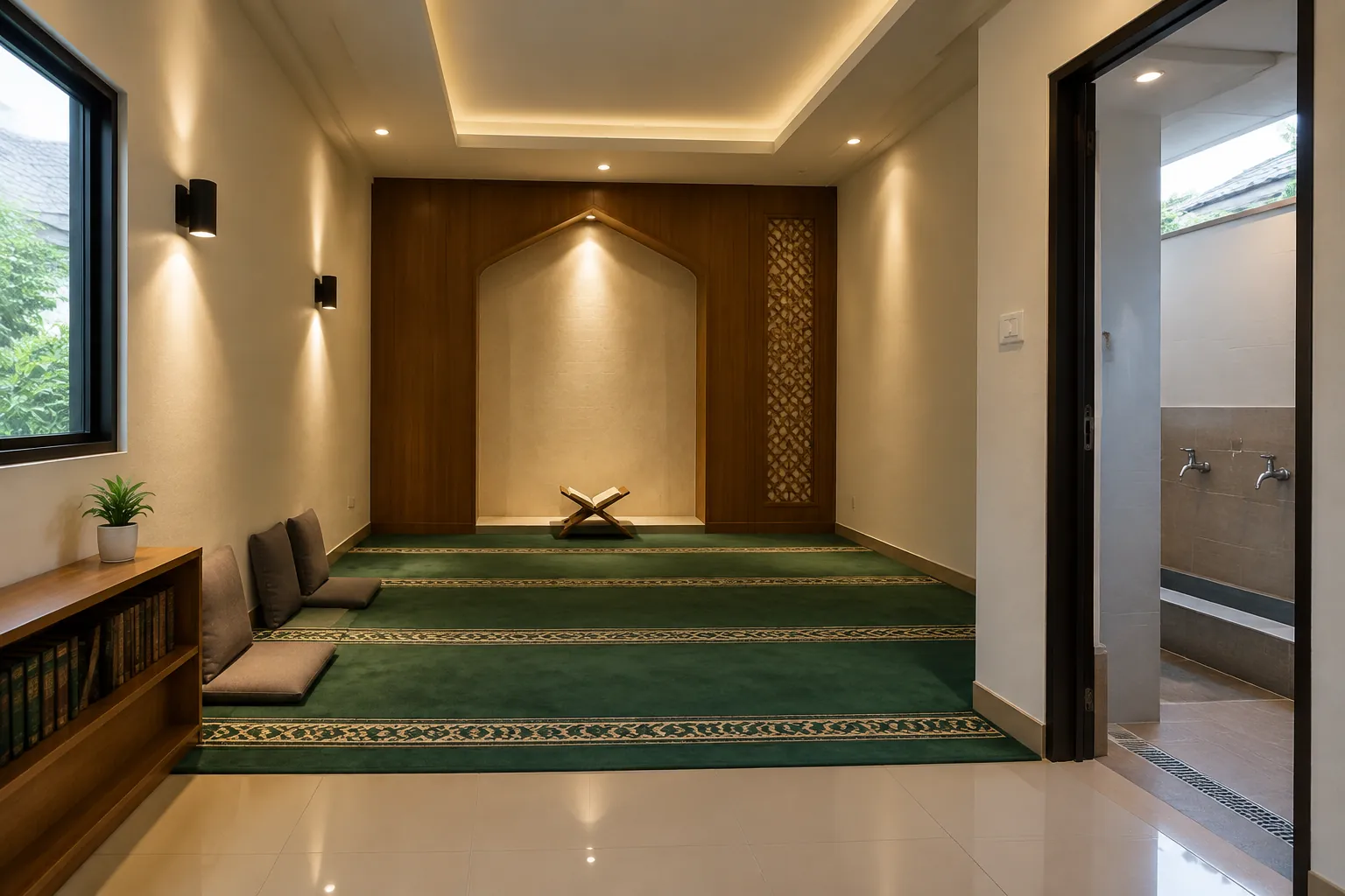 Karpet dan lampu dinding pada mushola rumah