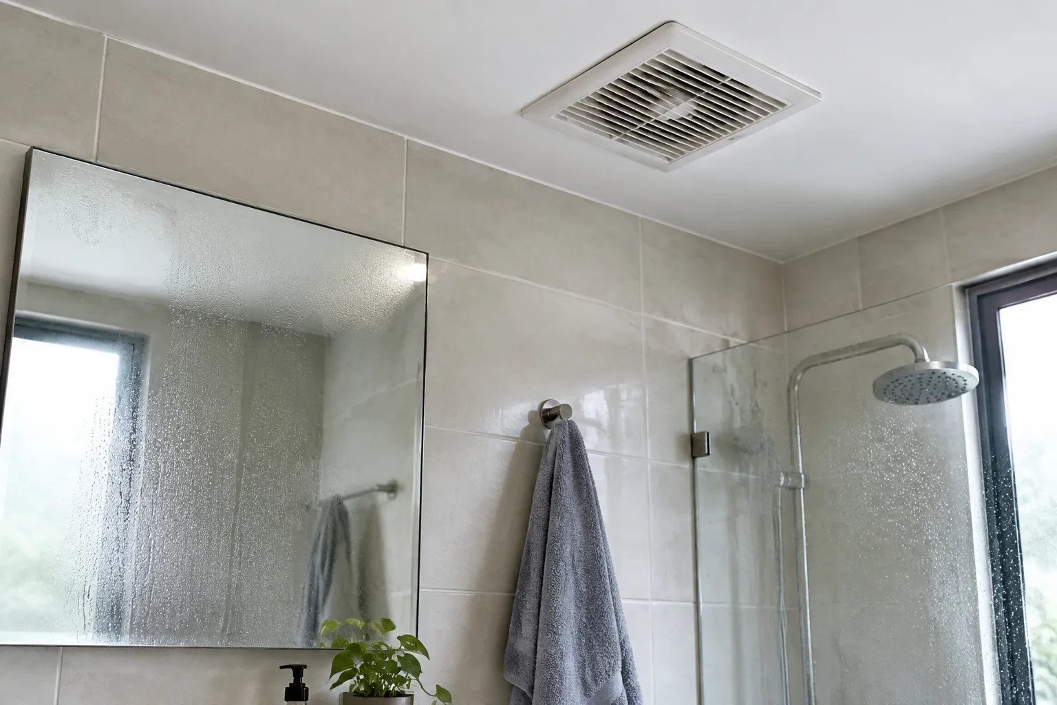 Kisi ventilasi dan kaca mandi tampak berembun