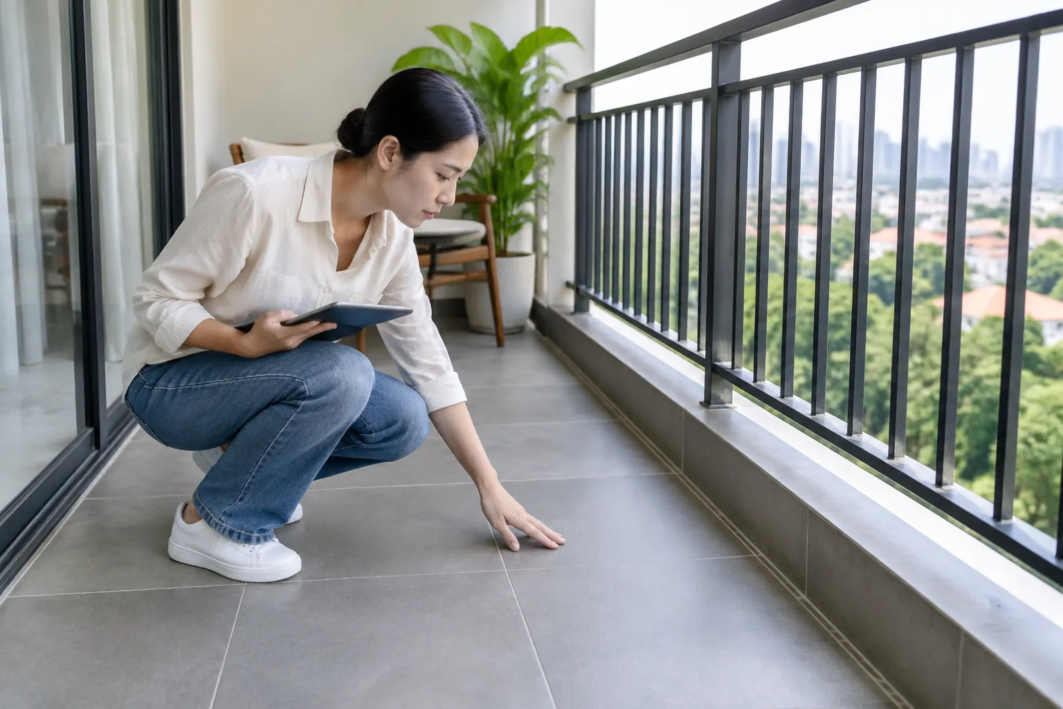 Seseorang memeriksa permukaan lantai balkon