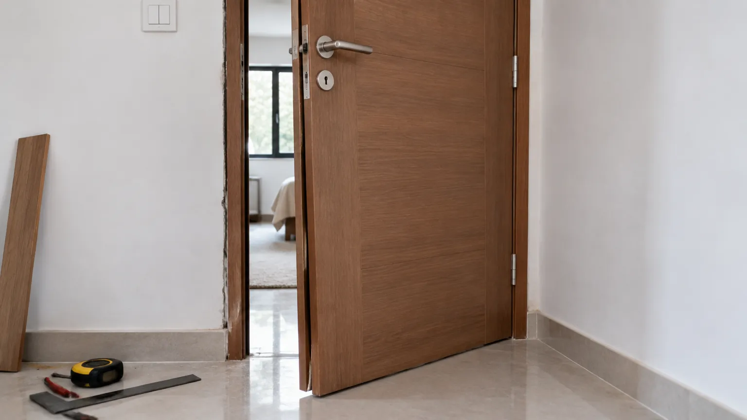 Pintu kayu terpasang di ruang rumah dengan alat kerja di lantai