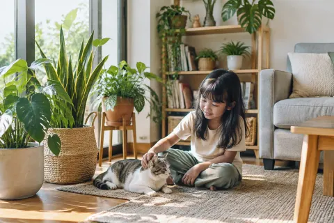 Anak dan kucing berada dekat tanaman hias ruang keluarga