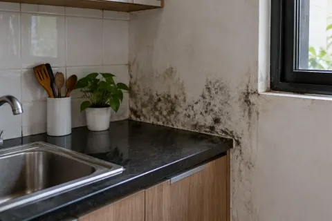 Noda gelap pada dinding dapur di dekat wastafel