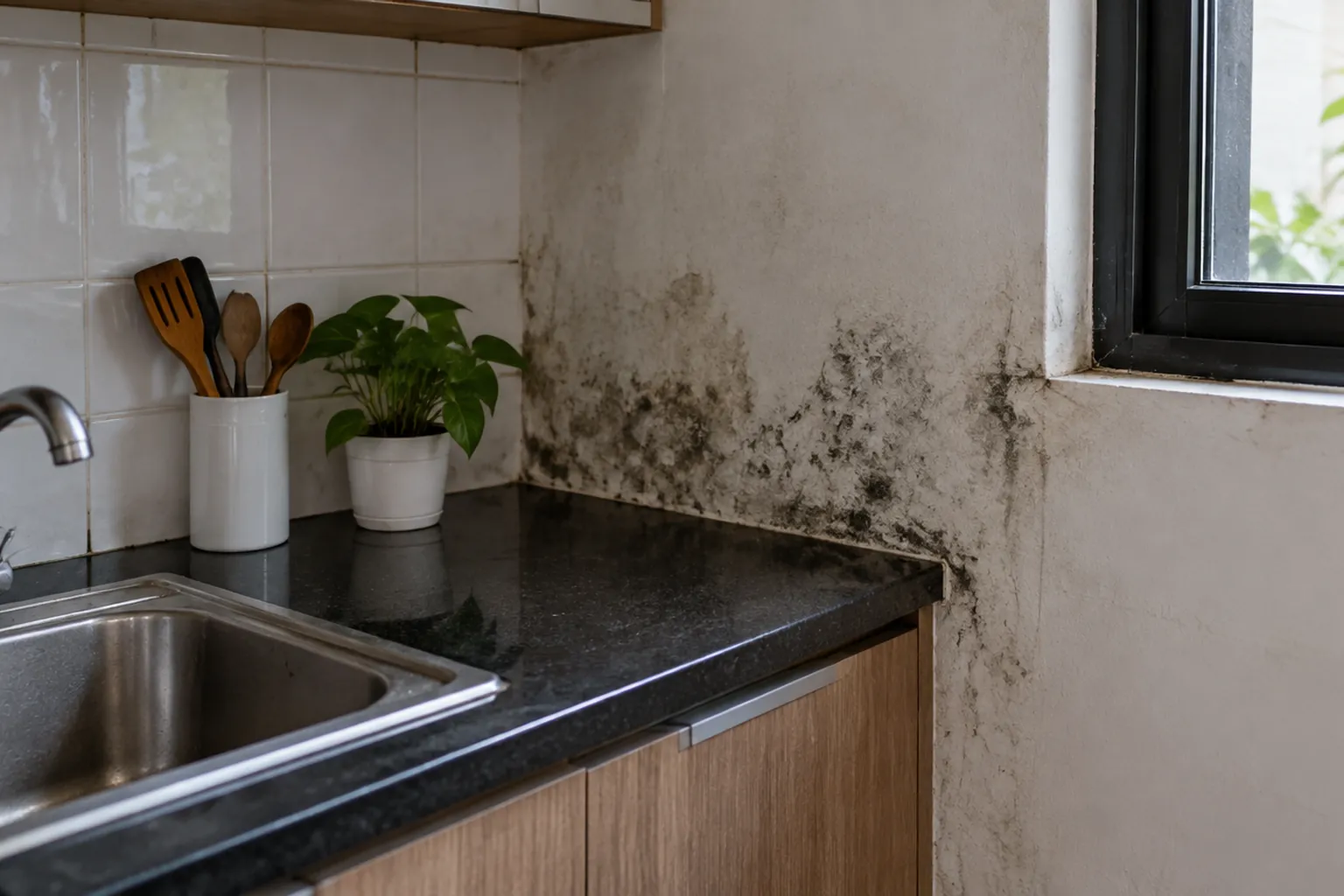 Noda gelap pada dinding dapur di dekat wastafel