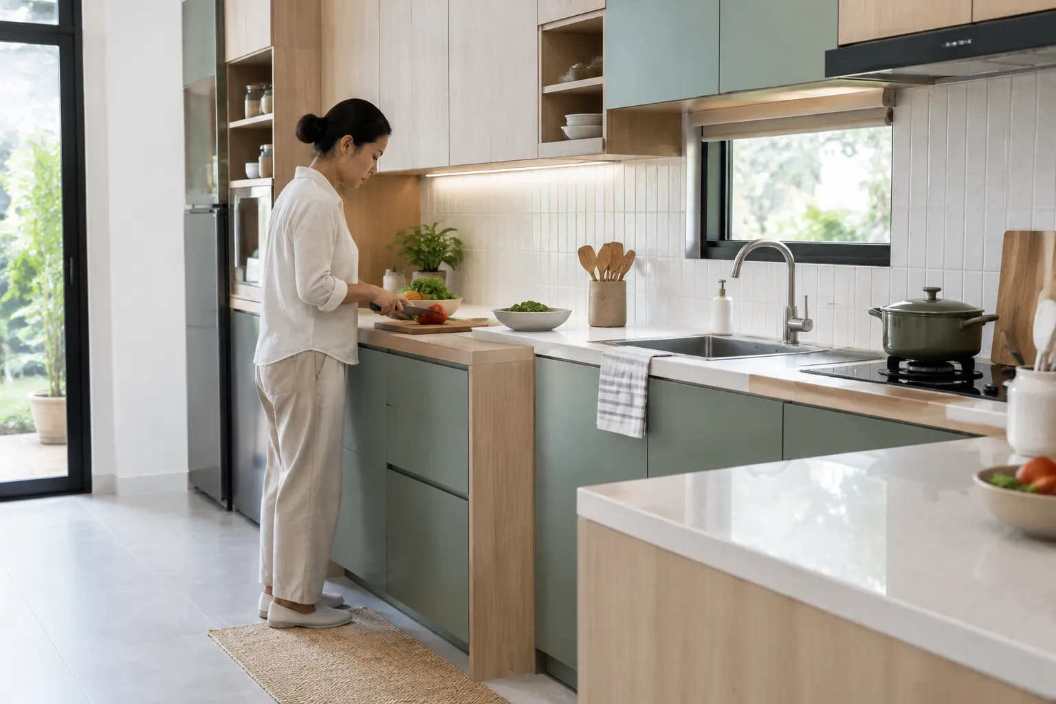 Seseorang bekerja di dapur dengan kabinet atas dan bawah