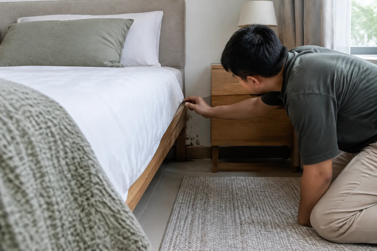 Seseorang memeriksa sisi tempat tidur dan area di dekat dinding